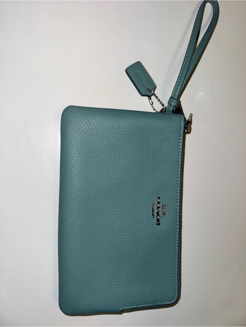 Coach Double Zip Wristlet Pebbled Leather Blue